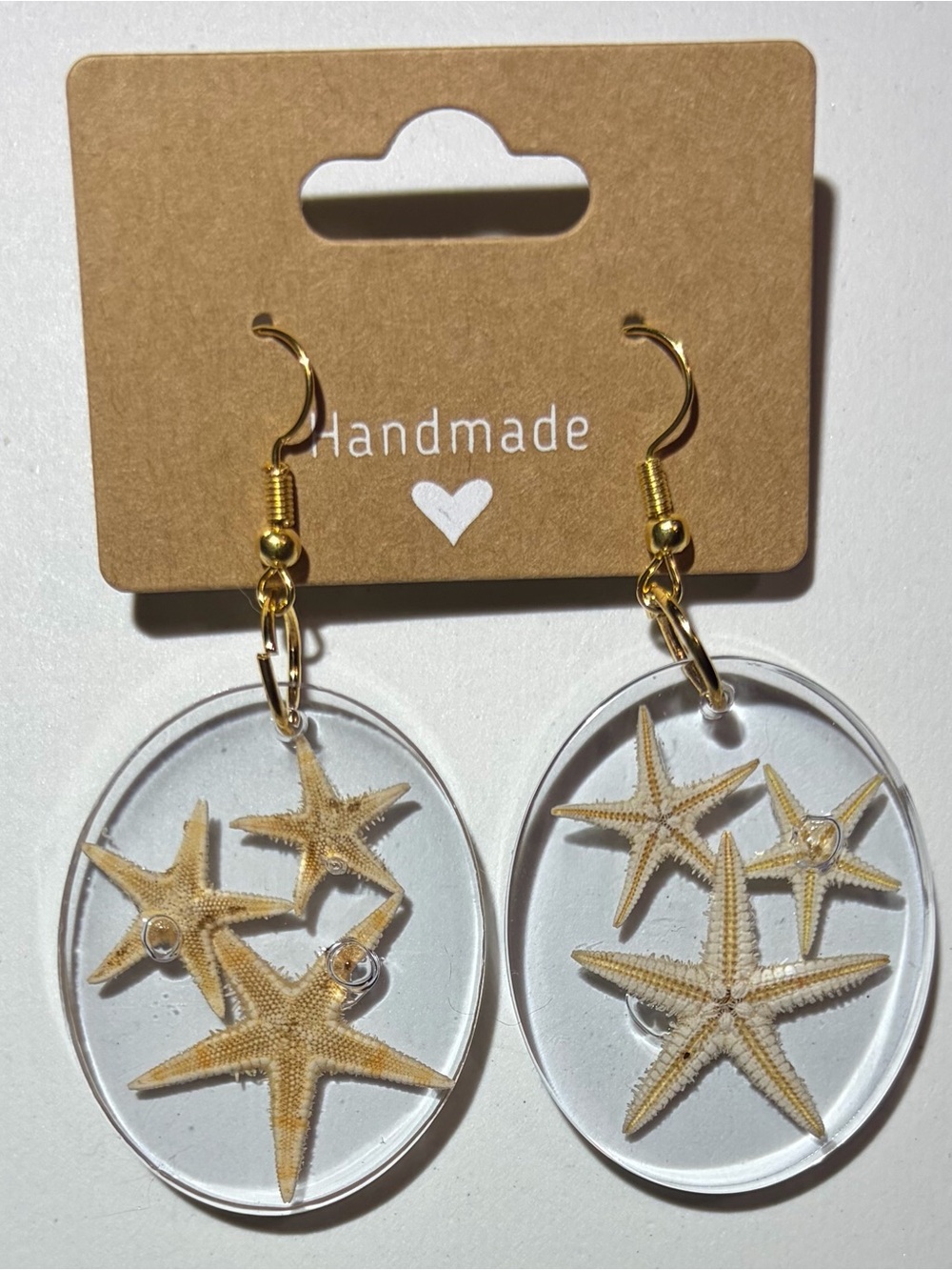Handmade Clear Resin Earrings with Beige Starfish - Gold Hooks